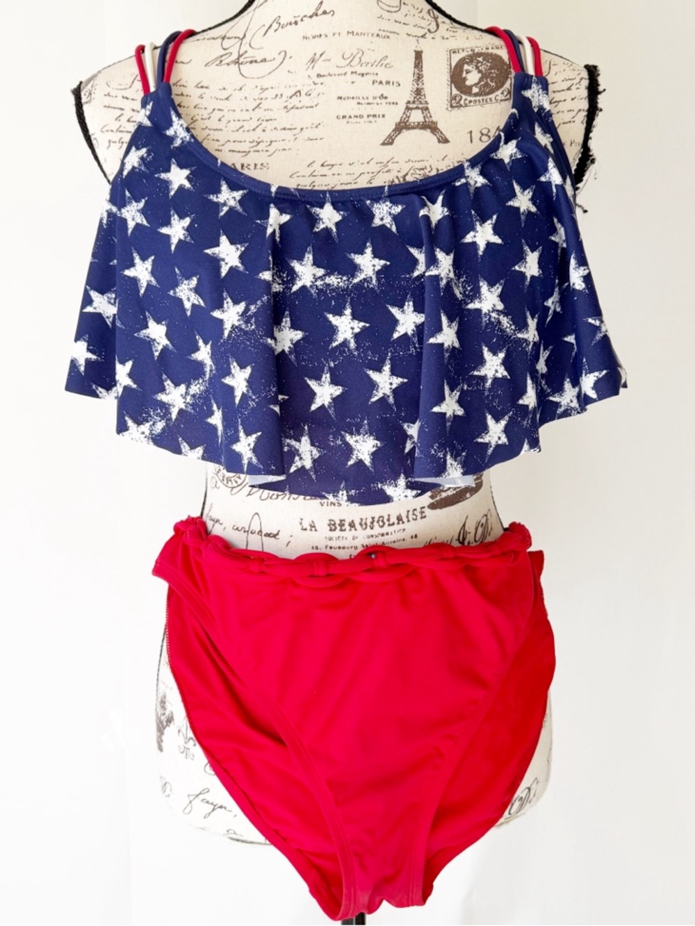 Star Print Ruffle Two-Piece Swimsuit - Navy & Red